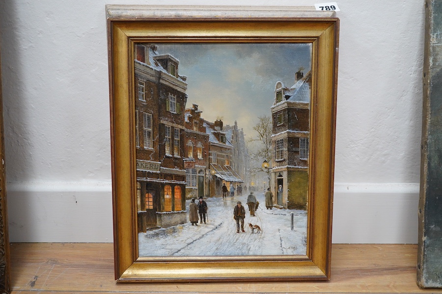 Essel, late 20th century, oil on canvas, Winter Street scene, 30 cm x 24cm. Condition - fair to good